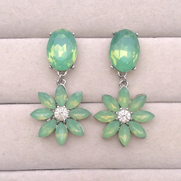 Jewelry - Chrysolite Green Opal + Silver Crystal Flower Drop Statement Earrings